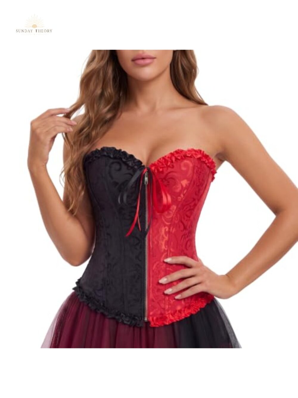 Overbust Corset with Zipper Front Lace Up Back Victorian Brocade Bustier